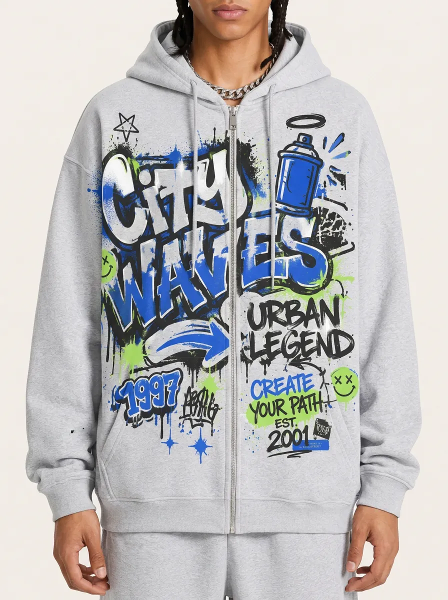 Men's Urban Streetwear City Waves Graffiti Printed Zip-up Hoodie