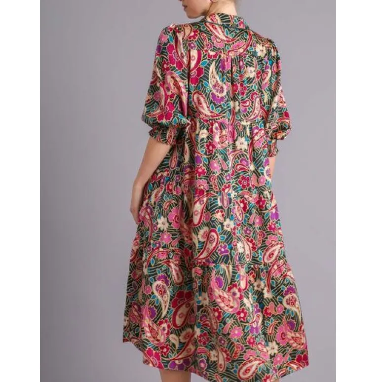 Full Size Paisley Satin Tiered Midi Dress Plus Size