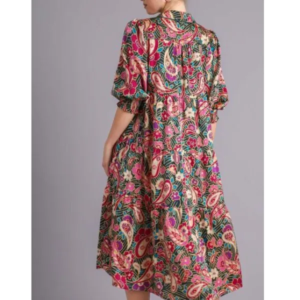 Full Size Paisley Satin Tiered Midi Dress Plus Size