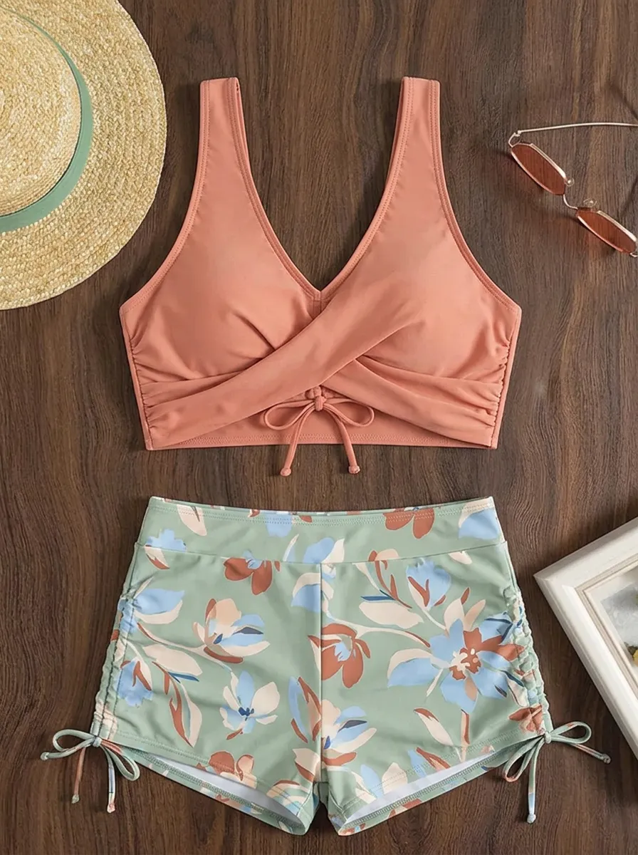 Women's Summer Beach Floral Printed Cross-Front Bikini Set