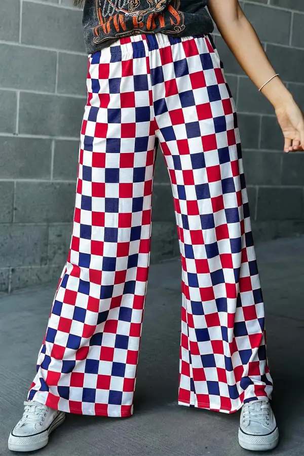 Tone Checked Print High Waist Wide Leg Trousers