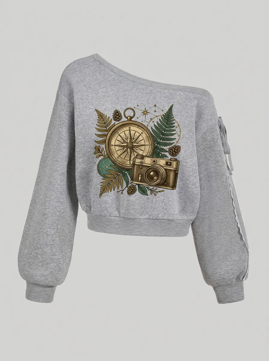 Women's Travel Photography Compass Fern Printed Off-Shoulder Sweatshirt
