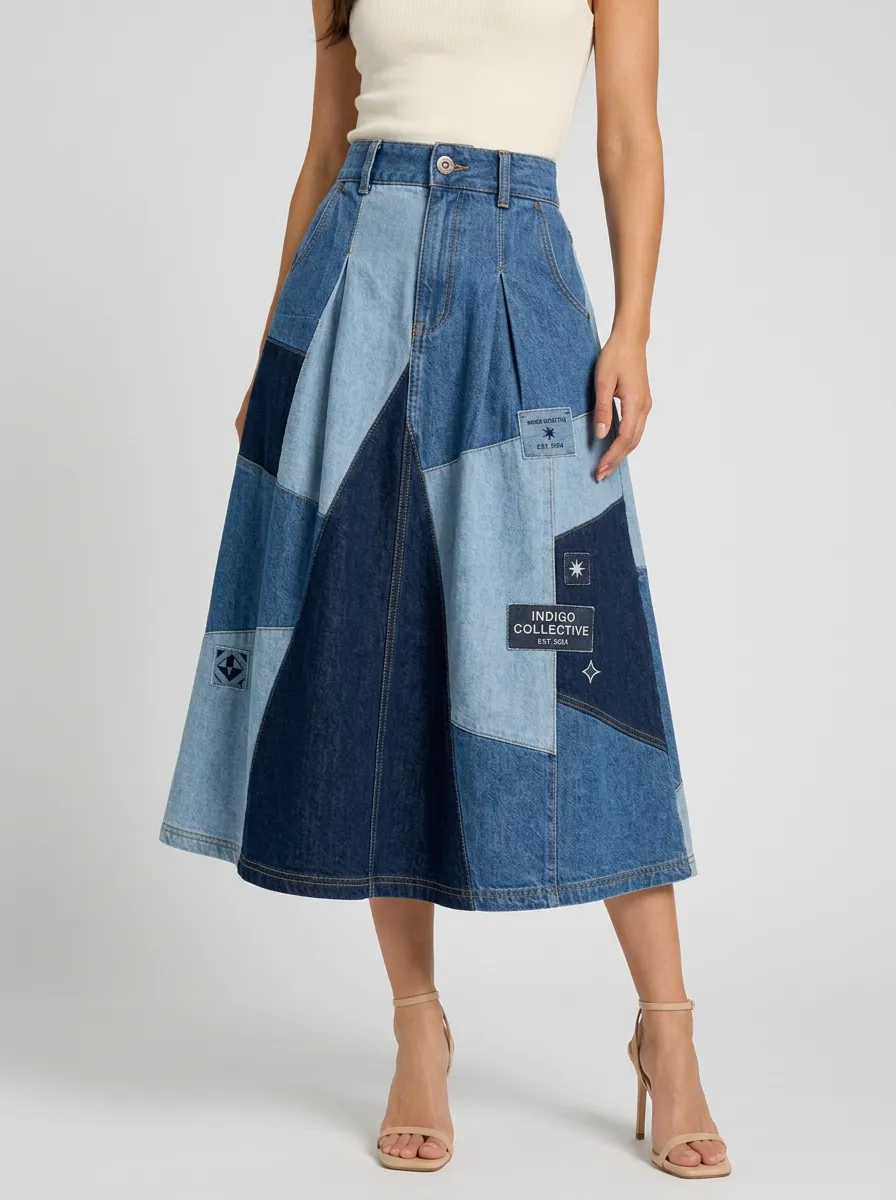 Women's Indigo Collective Patchwork Denim Printed Midi Skirt