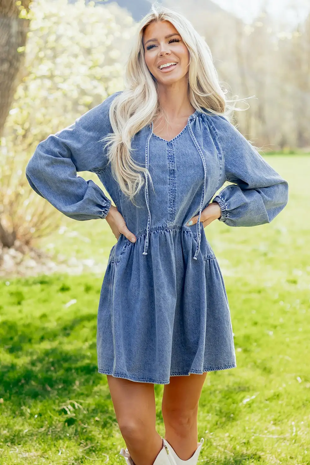 Denim V Neck Ruffle Mini Dress
