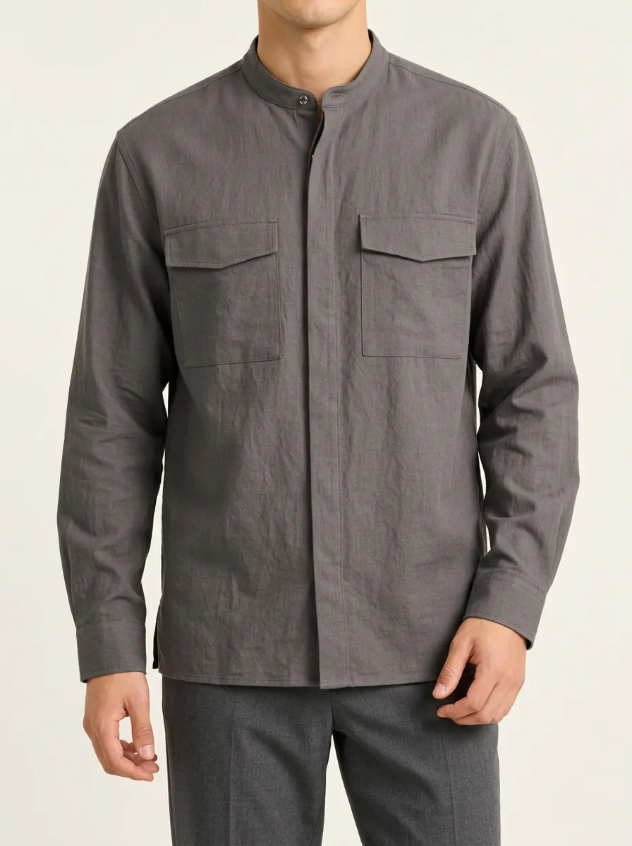 Unisex Grey Mandarin Collar Double Pocket Shirt