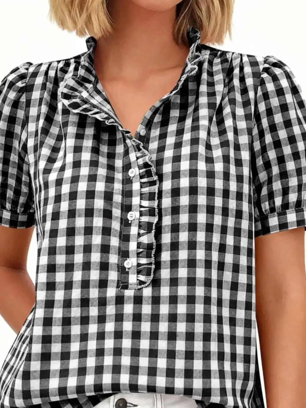 Gingham Button-Front Puff Sleeve Blouse
