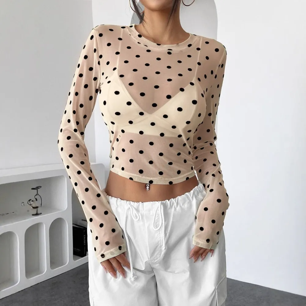 Polka Dot Mesh Long Sleeve Blouse