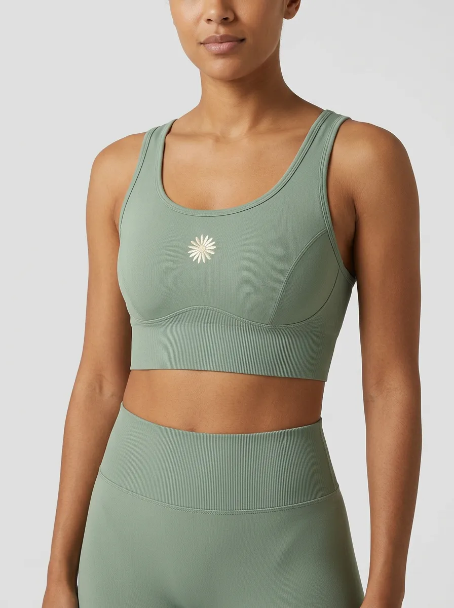 Women's Floral-Embroidered Scoop-Neck Reinforced-Trim Ribbed Sports Bra