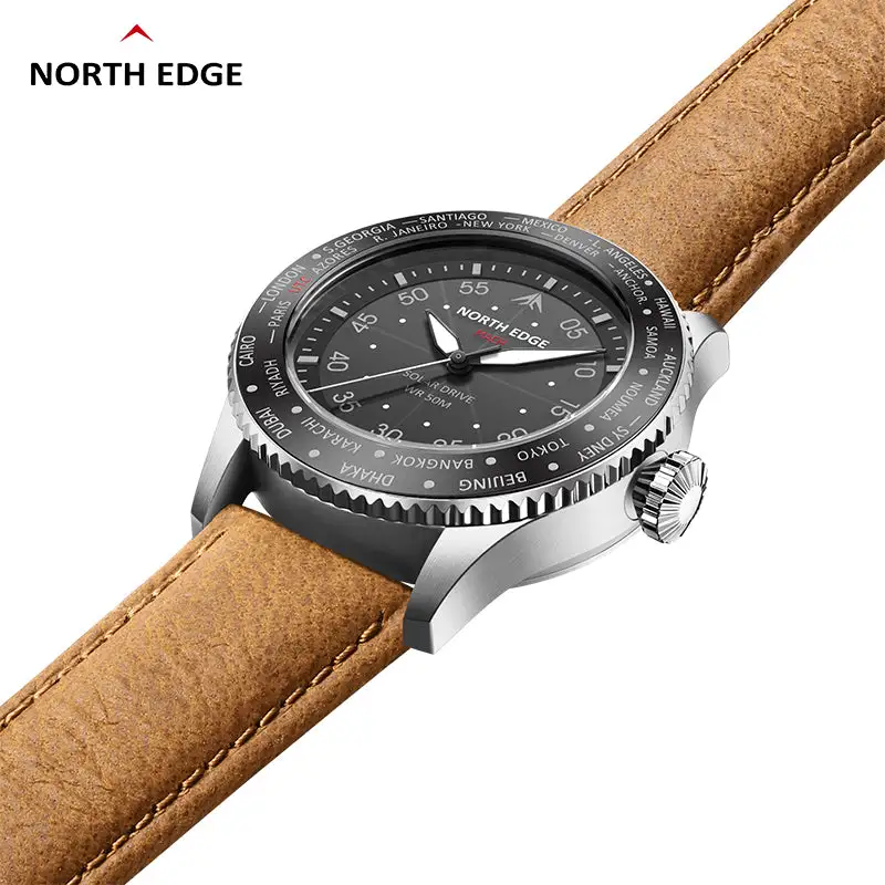 North Edge Quartz watch pilot solar watch with brown strap MACH-Never needs a battery replacement