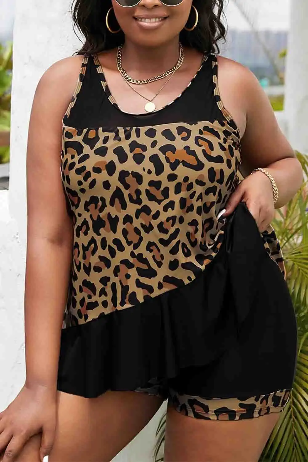 Swimwear Leopard Ruched Hem Plus Tankini Set