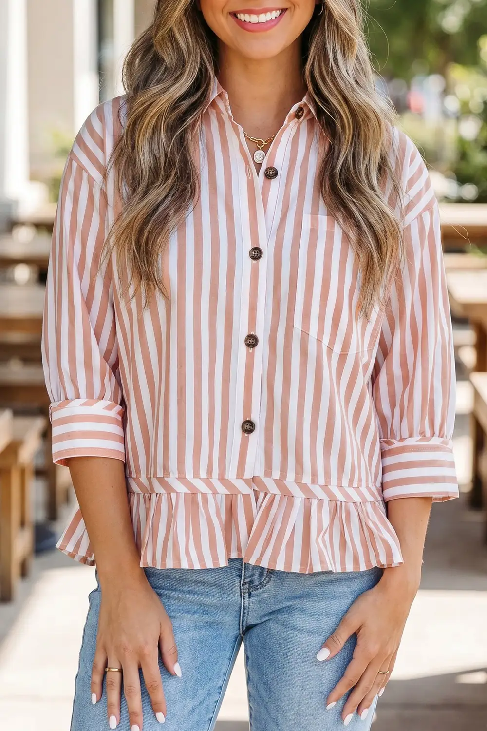 Women's Striped Bracelet Sleeve Button Front Blouse