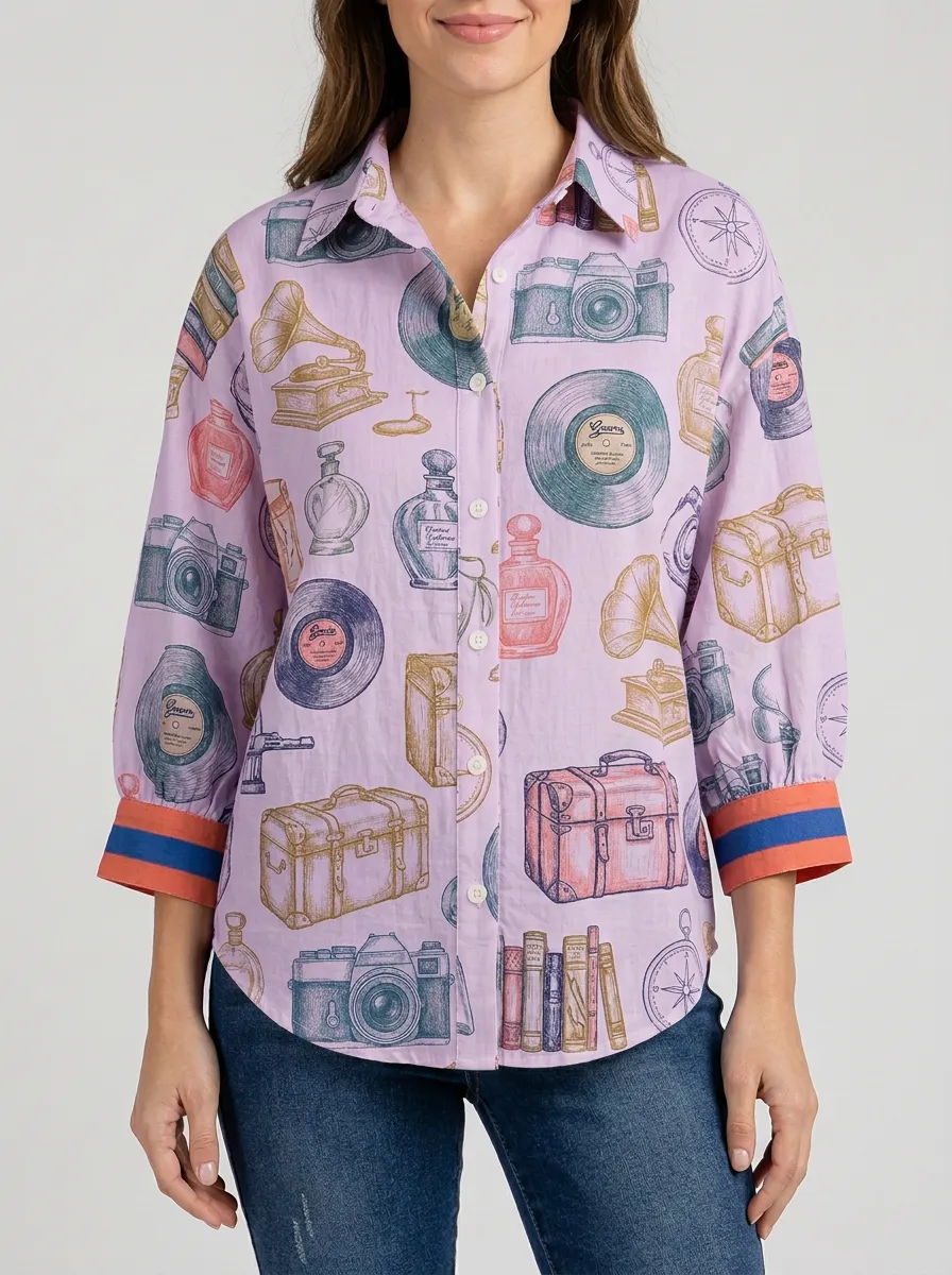 Women's Vintage Travel Camera Vinyl Graphic Button-Up Shirt
