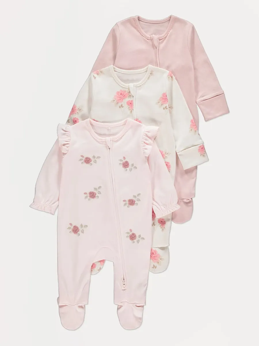 Pink Rose Zip Fasten Sleepsuits 3 Pack