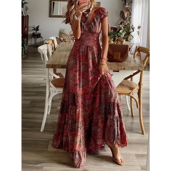Full Size Paisley Print Cap Sleeve Maxi Dress Plus Size