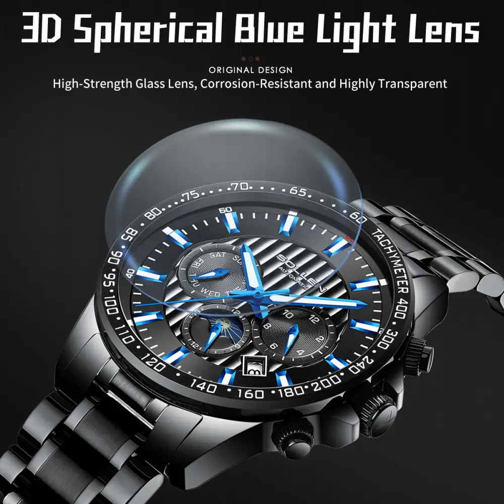 Sollen SL608 Automatic Watch - Men's Multi-Function Moonphase Stainless Steel 5-Bead Bracelet Wristwatch