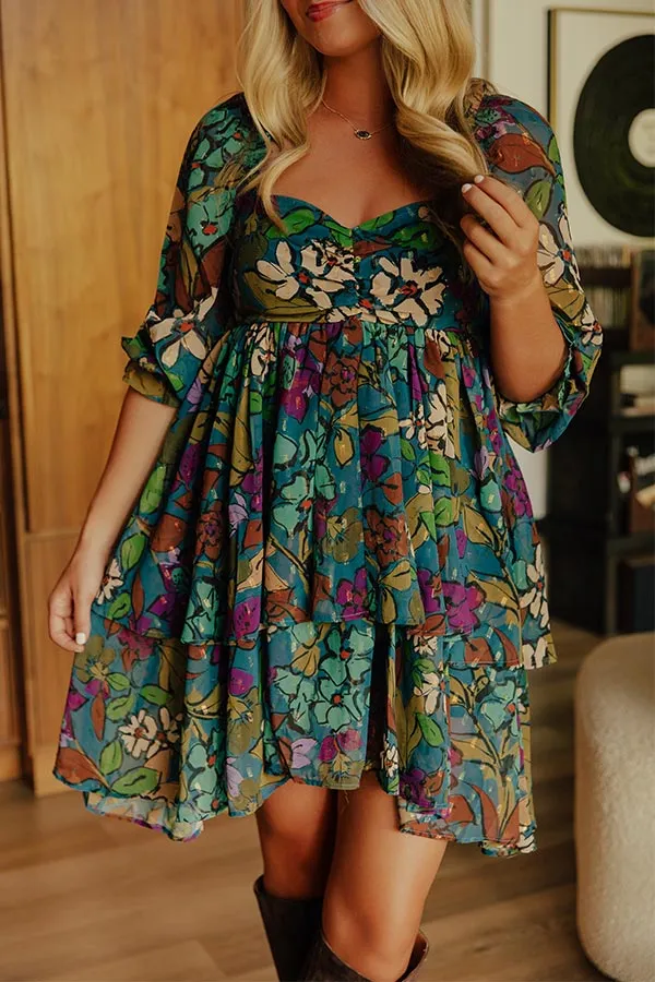 Ruffled Floral V-Neck Three-Quarter Sleeve Babydoll Mini Dress