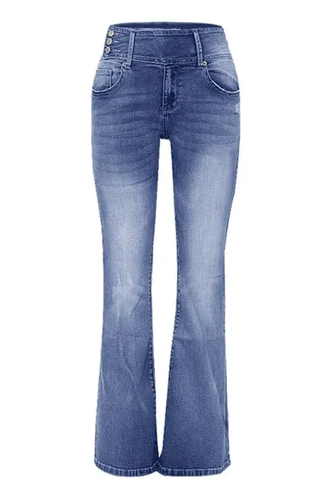 Vintage Button Side Design Mid Waist Flare Jeans