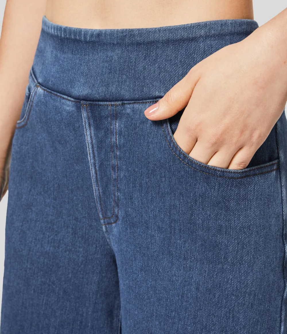 Magic High Waisted Multiple Pockets Wide Leg Stretchy Knit Casual Thermal Jeans