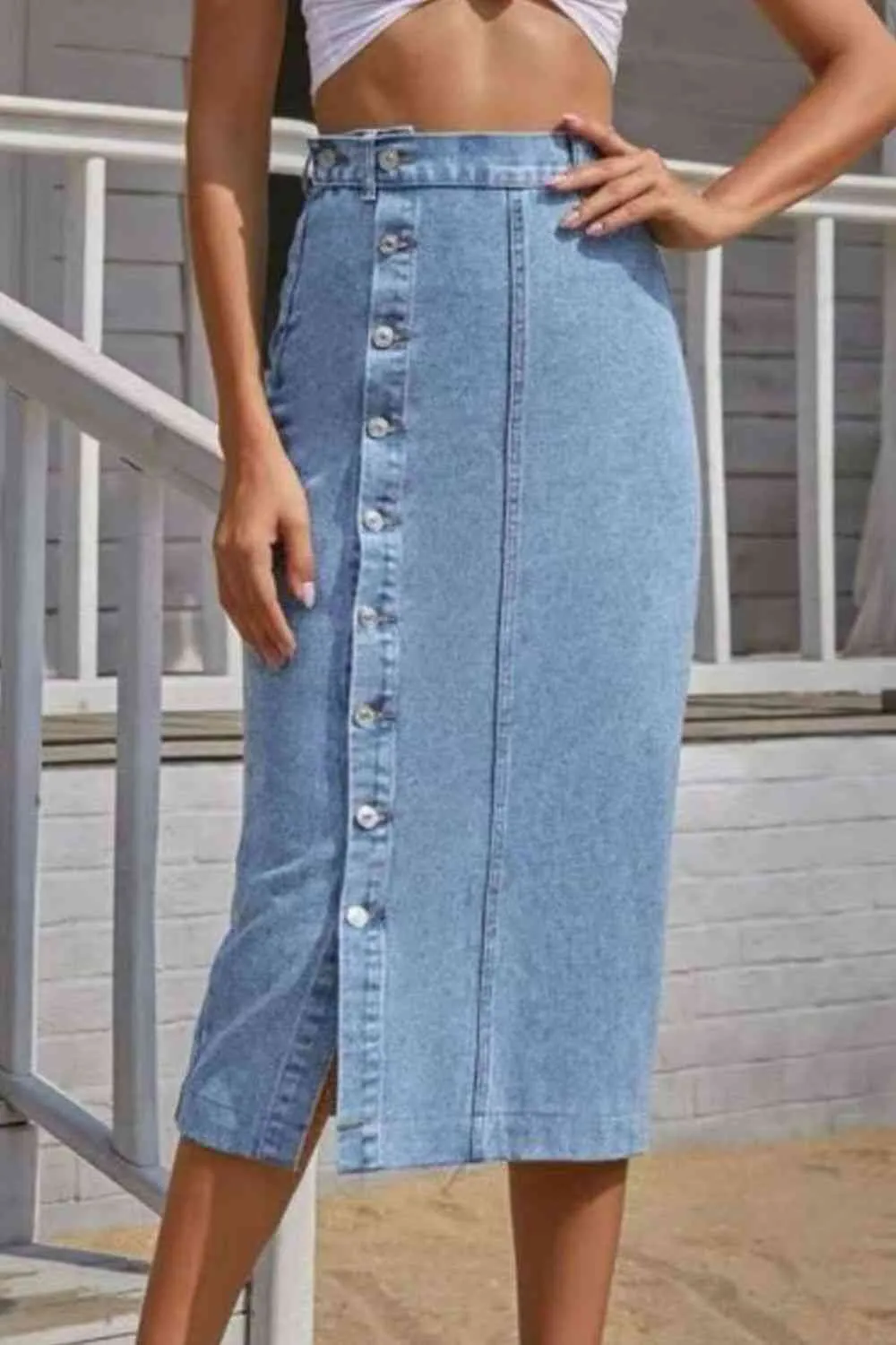Denim Button Front Skirt