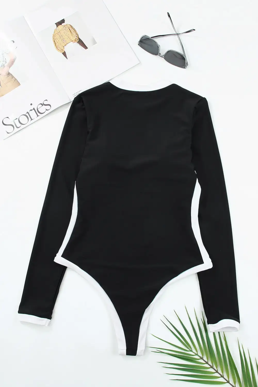 Swimwear Colorblock Trim Zip Front Long Sleeve Rash Guard Swimsuit