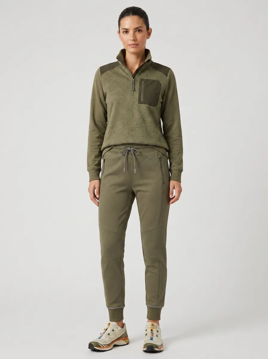 Women's Olive Topographic Print Quarter-Zip Pullover and Jogger Set - Ribbed