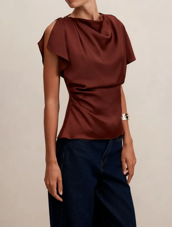 Burgundy Cowl Neck Draped Satin Blouse
