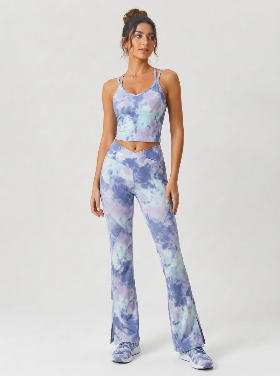 Women's Blue Tie-Dye V-Neck Crop Top and Flared Leggings Set
