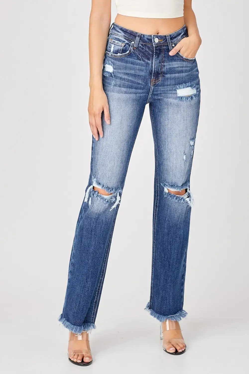 Straight Leg Raw Hem Distressed Denim Jeans