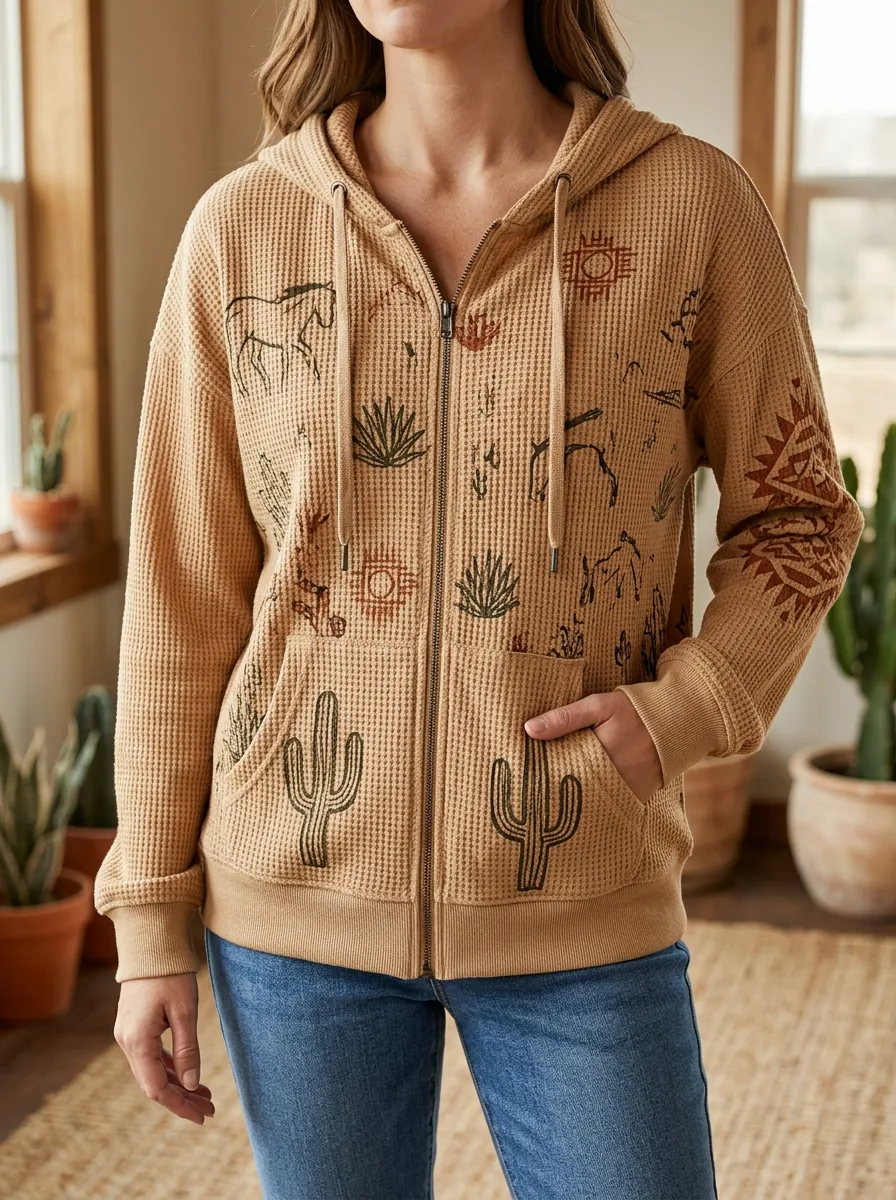 Women's Western Desert Cactus Horse Signature Print Waffle Zip-Up Hoodie