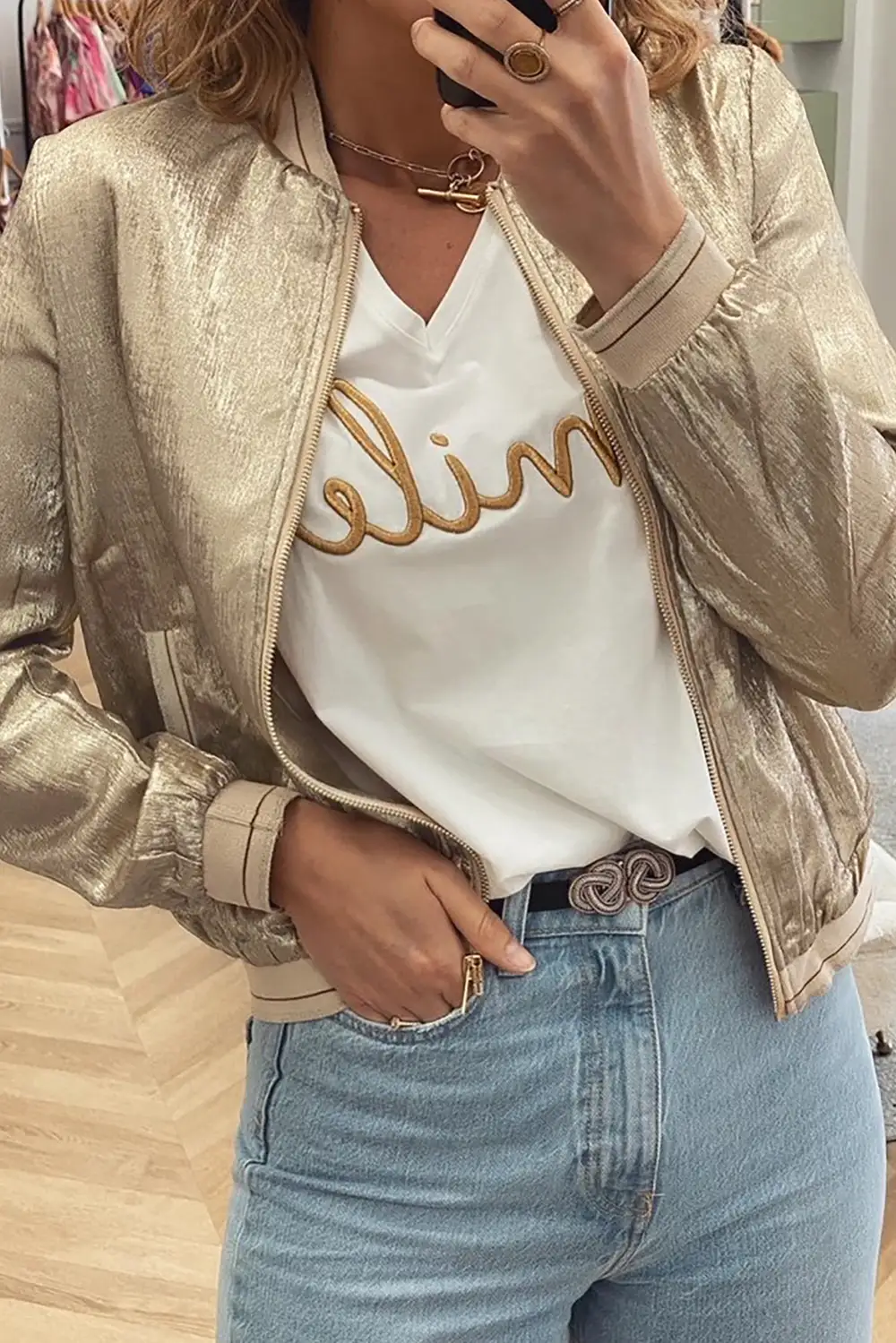 Metallic Zip Front Ribbed Collar Jacket