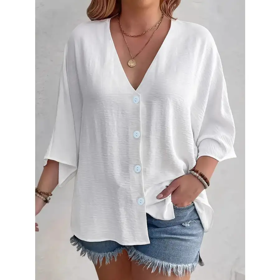 Full Size V Neck Button Down Shirt Plus Size
