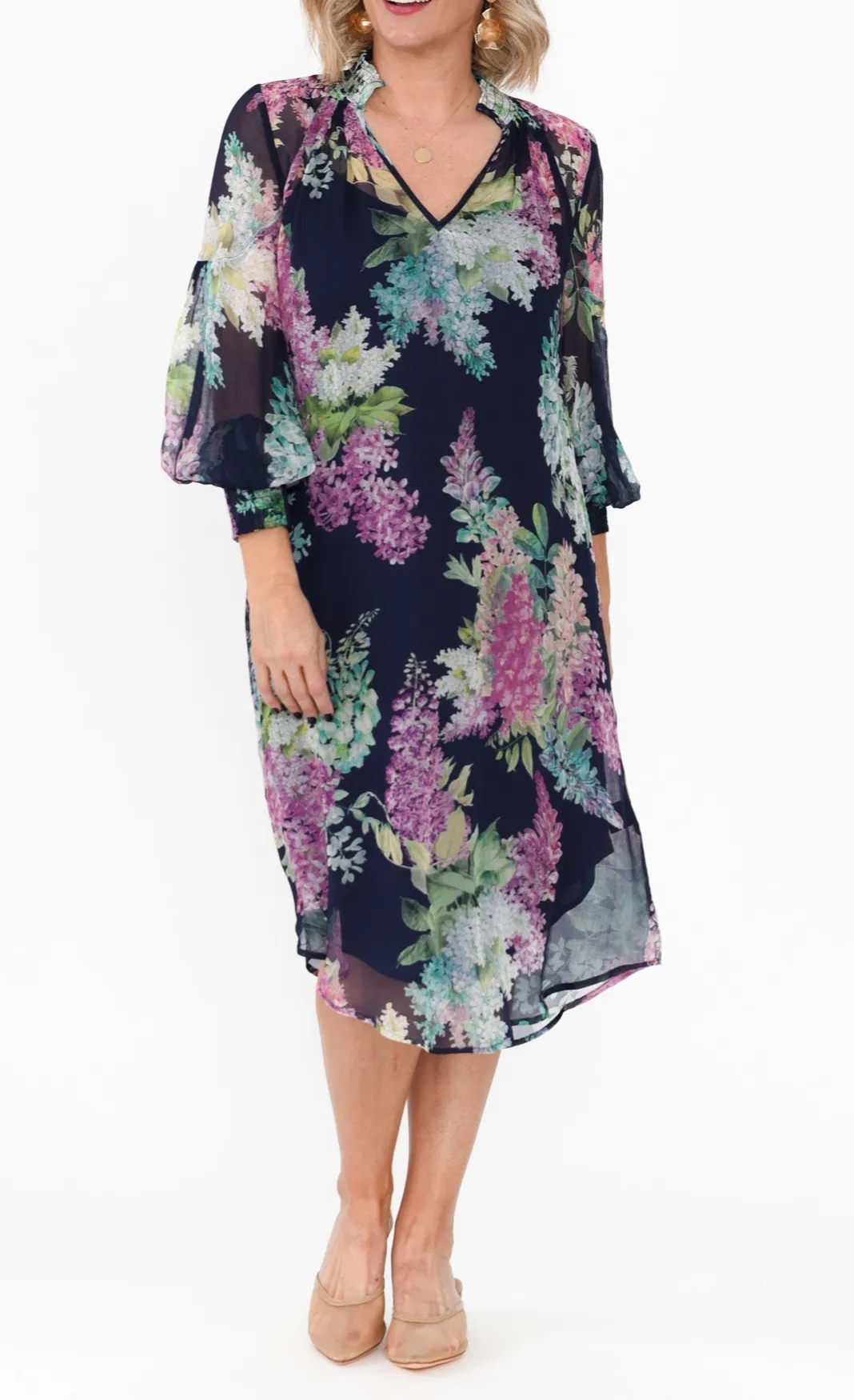 Knee-Length Floral Viscose Shirred V-Neck Three-Quarter-Sleeve Straight-Cut Slip Dress