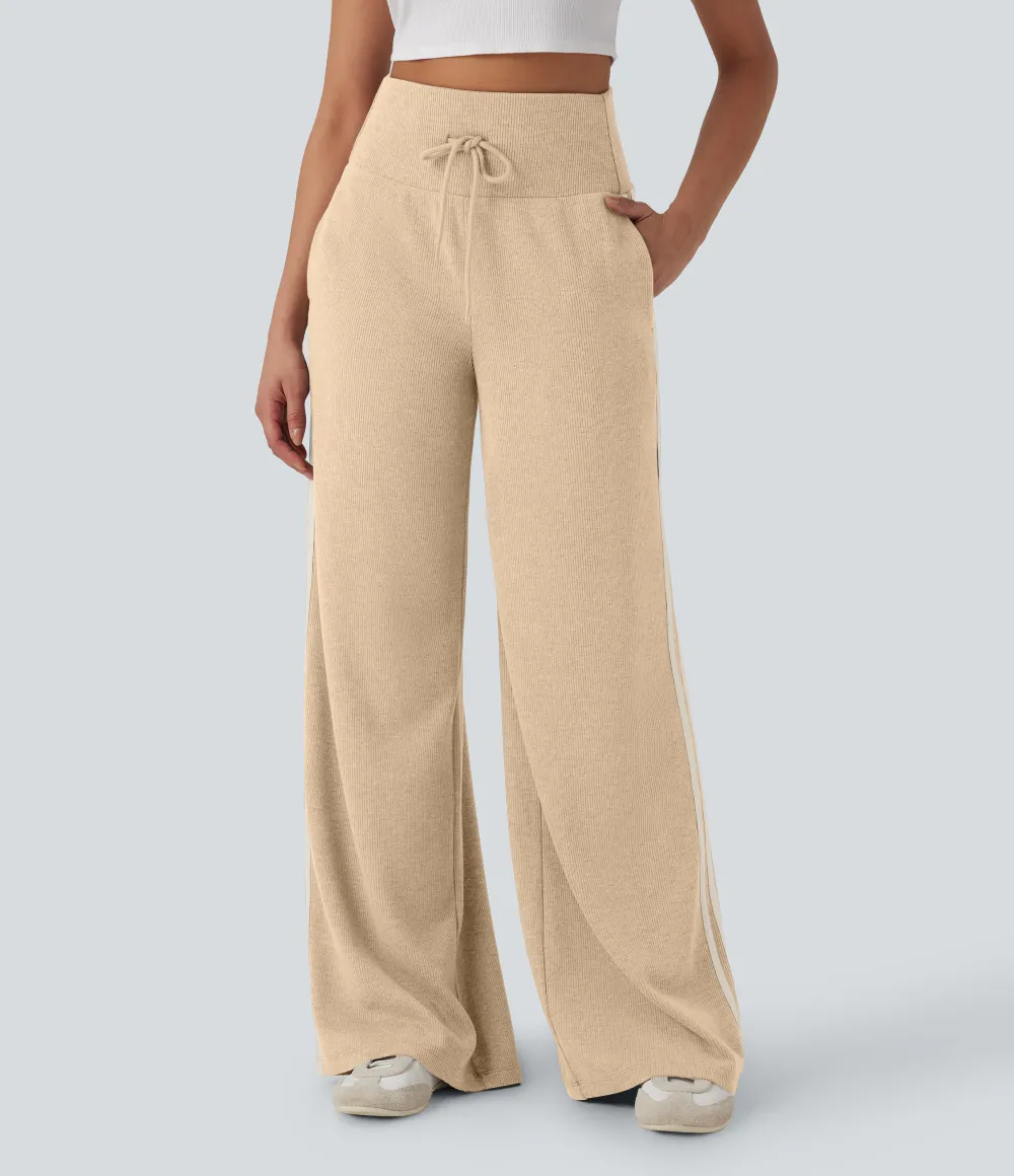 2026🔥  Ribbed SoCinched High Waisted Tummy Control Drawstring Wide Leg Color Block Casual Trousers with Pockets