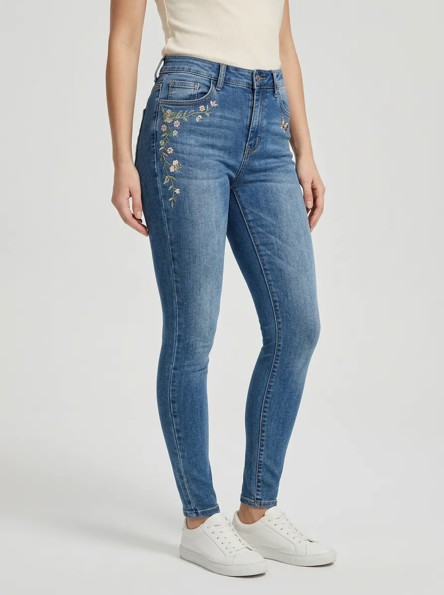 Women's Ridge Floral Embroidered Flower Printed Slim Jeans