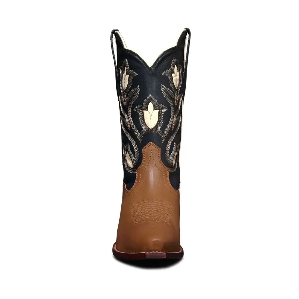 Faux-Leather Embroidered Floral Snip-Toe Mid-Calf Boots