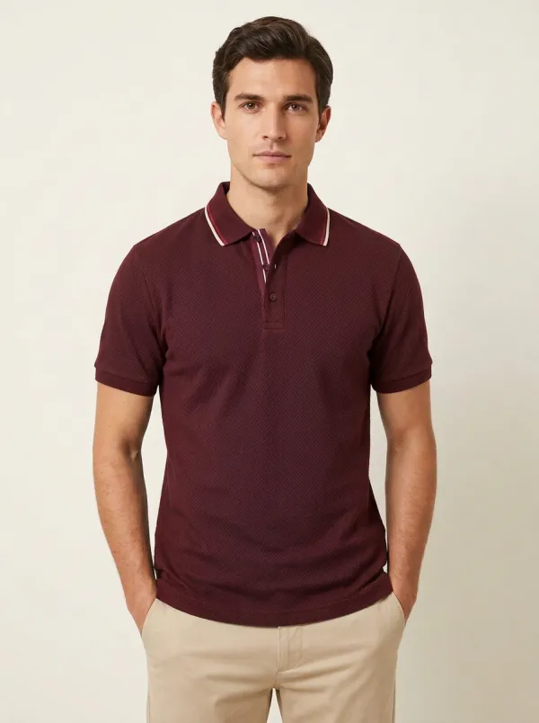 Men's Navy Textured Geometric Pattern Striped Collar Polo Shirt