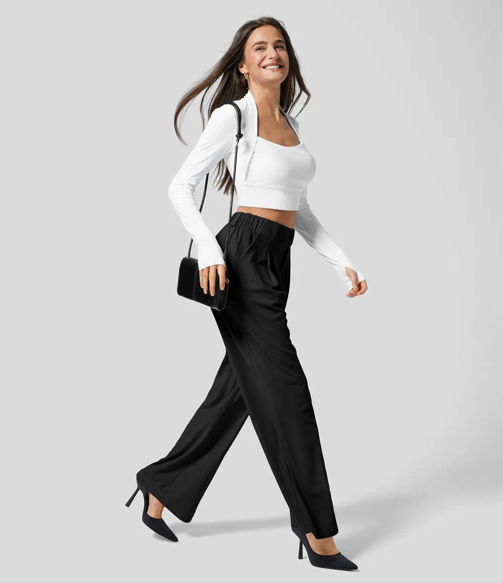  High Waisted Plicated Side Pocket Wide Leg Waffle Work Pants