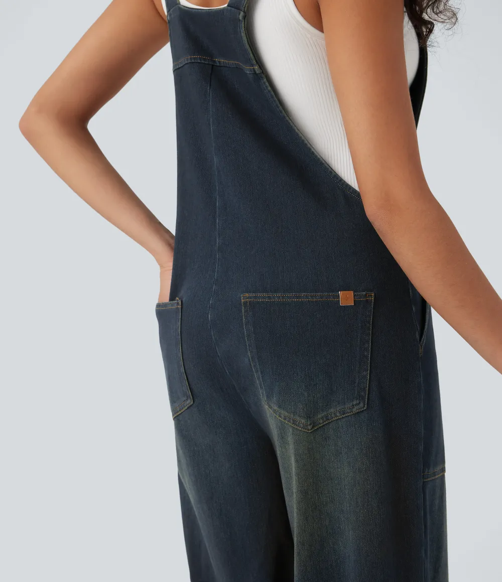  Square Neck Washed Denim Casual Overalls with Pockets