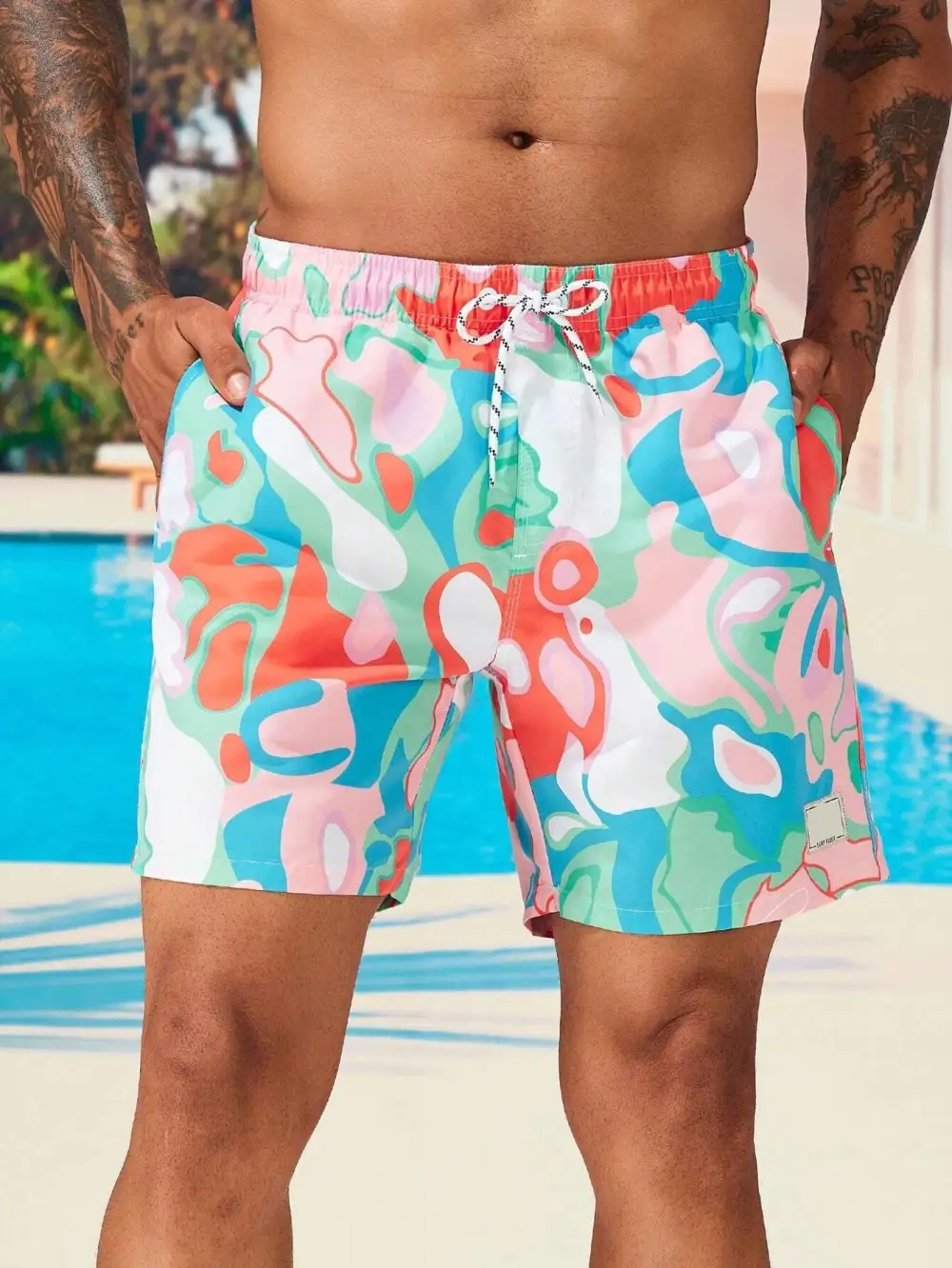 Men's Allover Print Letter Patch Detail Swim Trunks