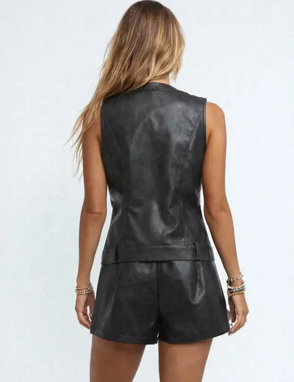 Street Chic Faux Pu Zip Up Round Neck Vest