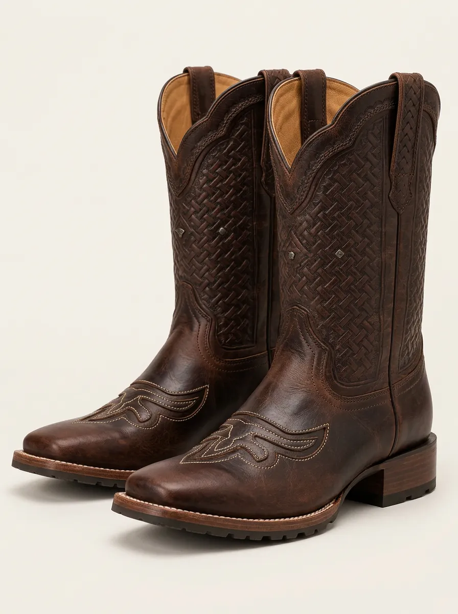 Men's Red Cowboy Boots with Leather and Woven Texture