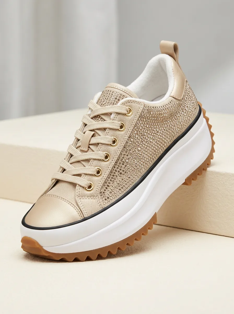 Lace-Detail Lace-Up Low-Top Women's Rhinestone Platform Shoes