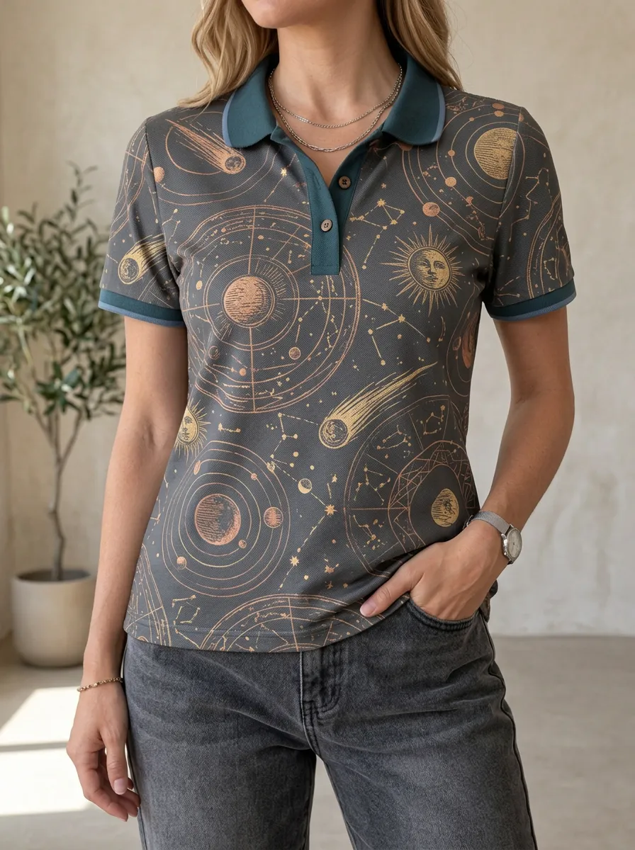 Women's Astronomy Lover Celestial Planets Printed Polo Shirt
