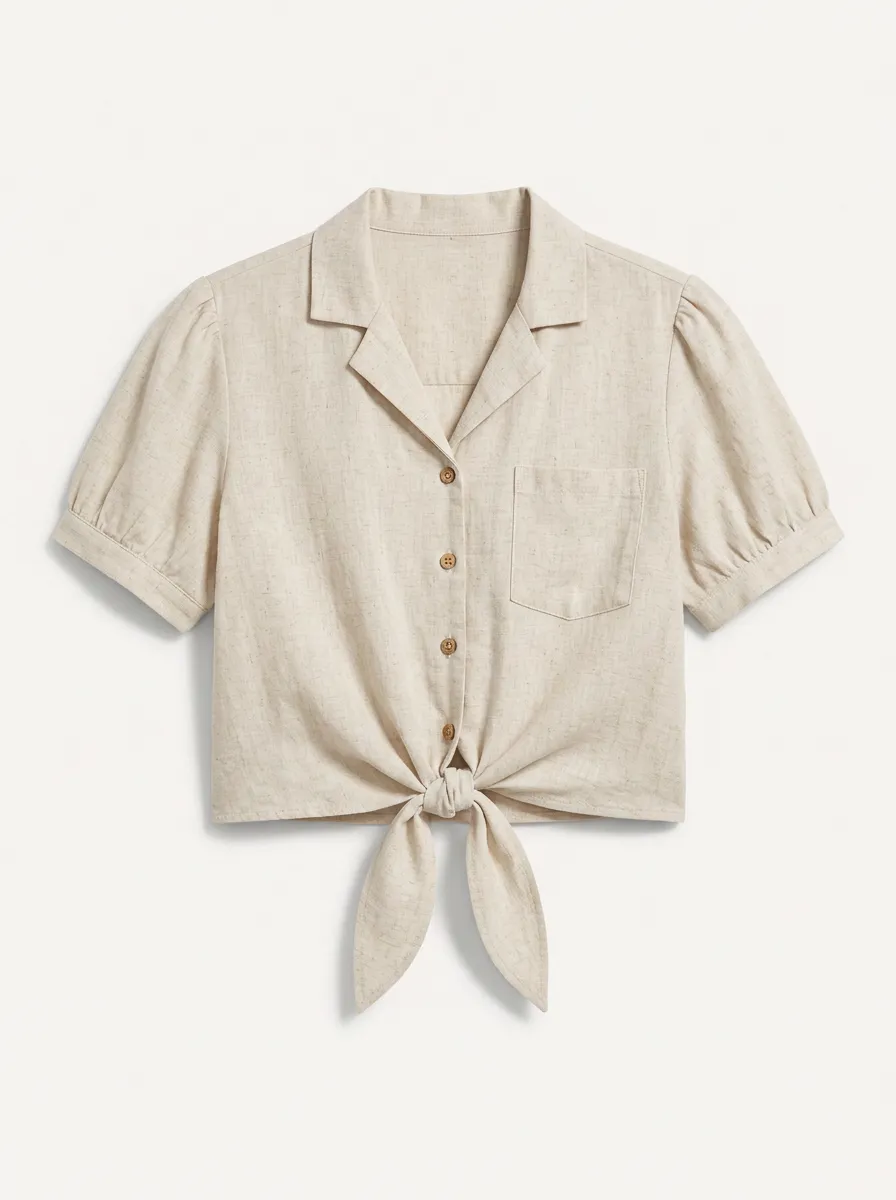Women's Casual Linen Blend Puff Sleeve Tie Front Shirt