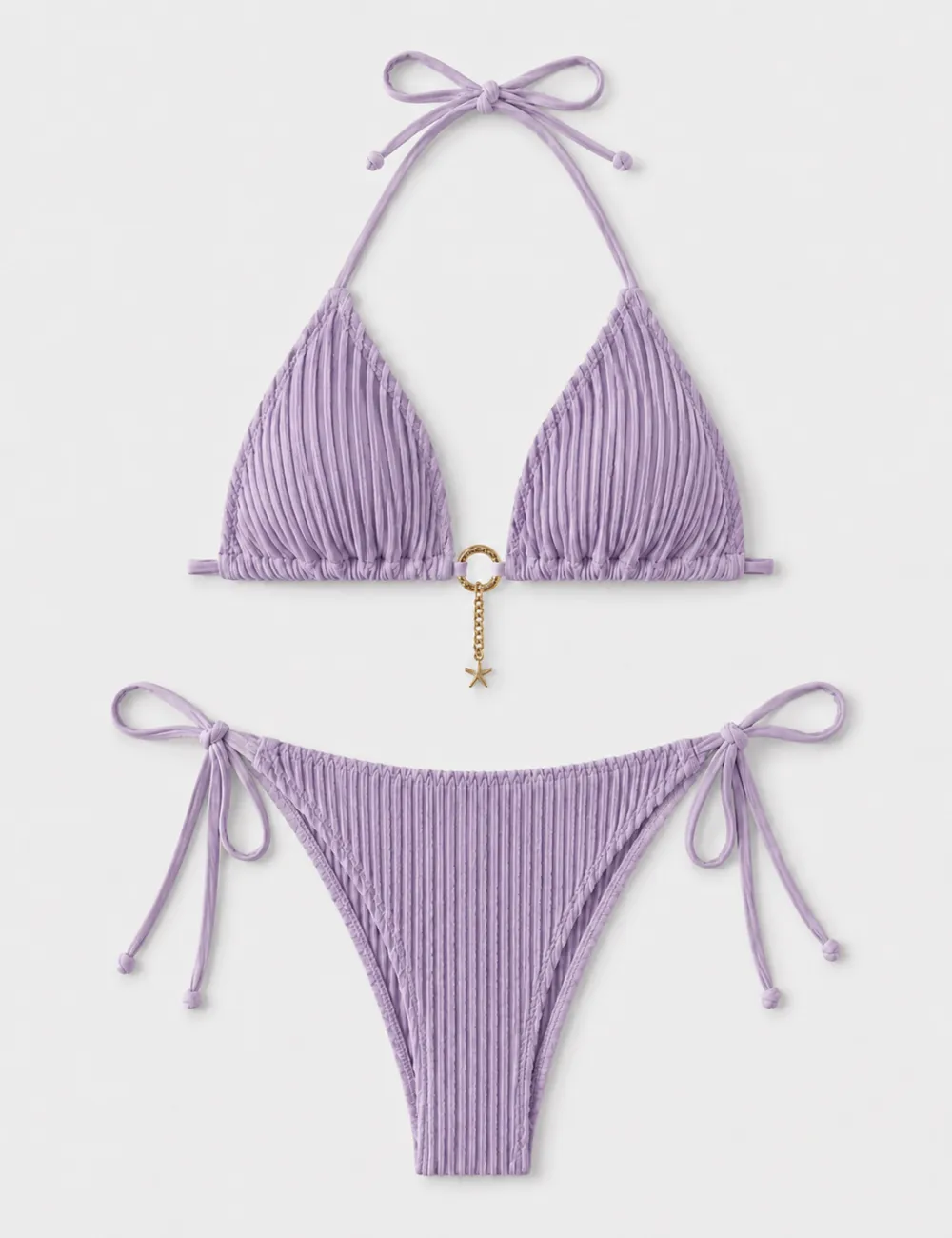Vertical Texture Halter Neck Triangle Bikini Set