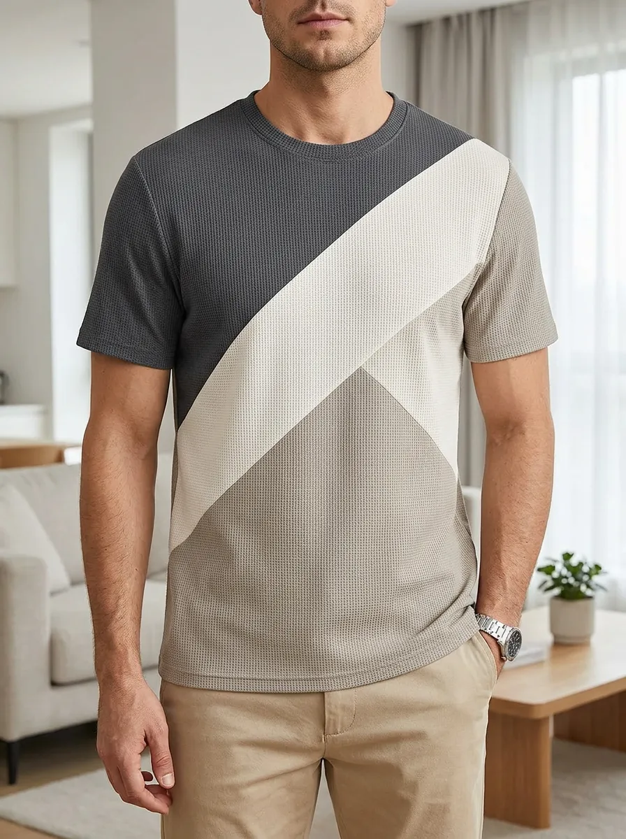Men's Colorblock Waffle Knit Modern Crew Neck T-Shirt