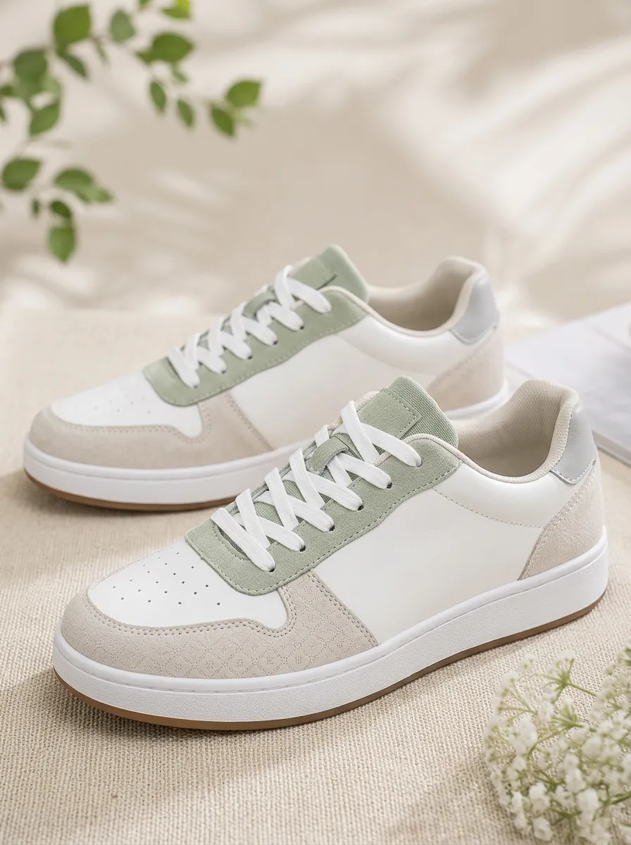 Men's Sage Green White Suede Patchwork Printed Sneakers