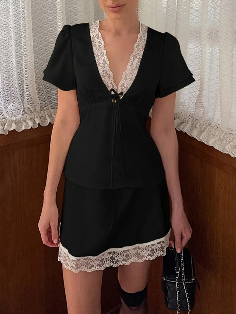 Lace Trimmed Top and Skirt Two Piece Set