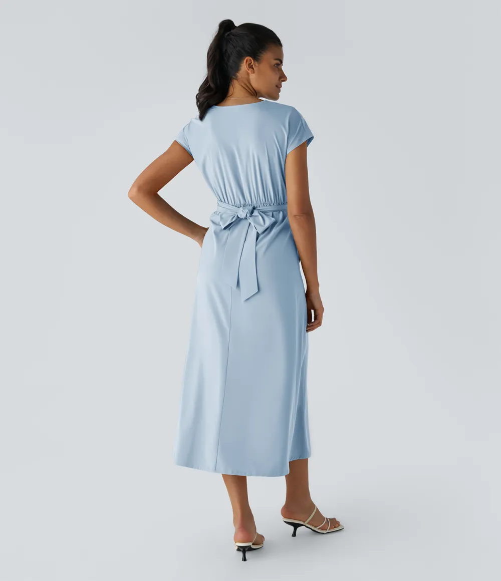 Breezeful V Neck Short Sleeve Side Pocket Tie Back Quick Dry Midi Casual Dress