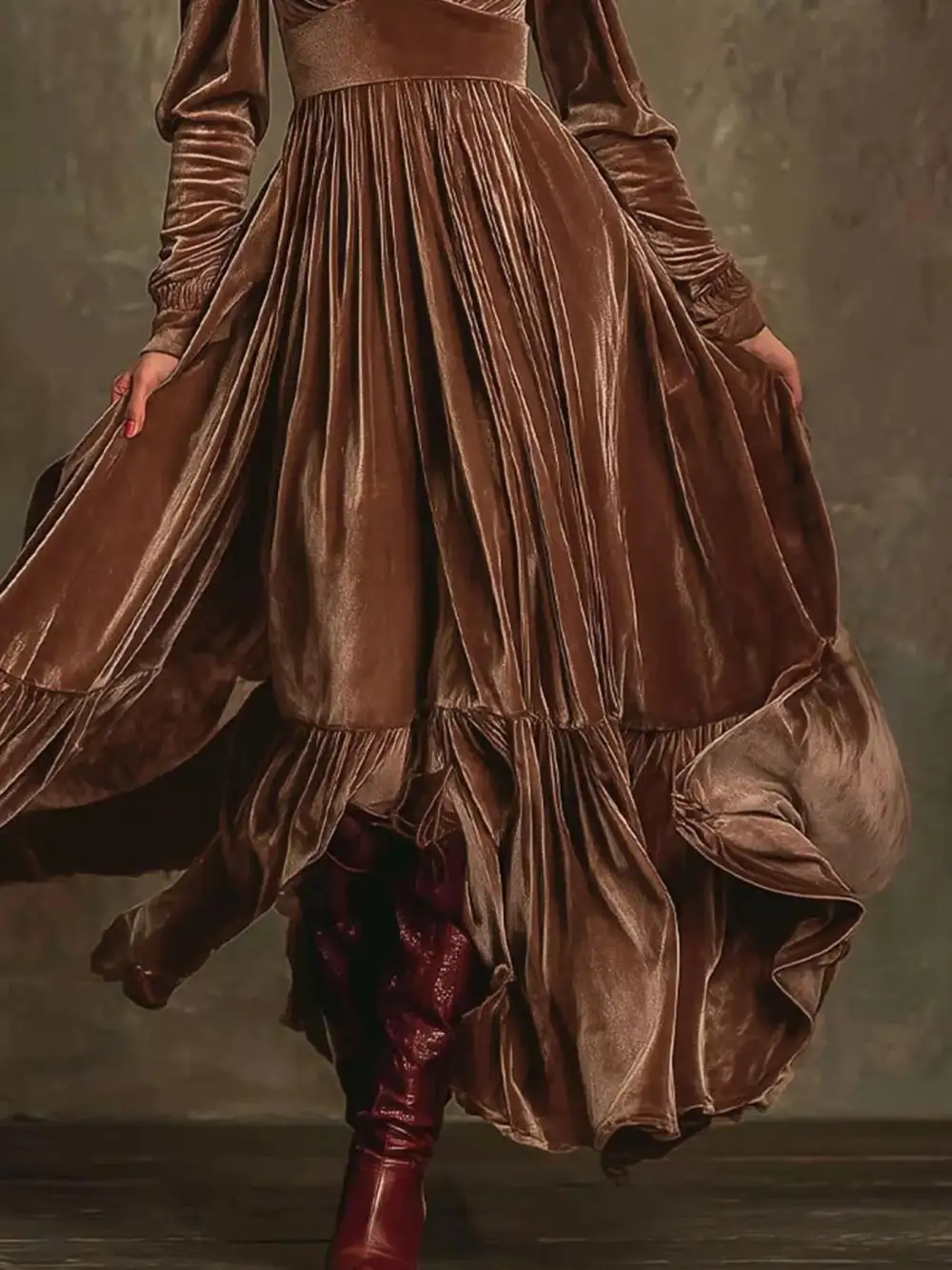 Textured Detail Ruffle Long Sleeve Dress
